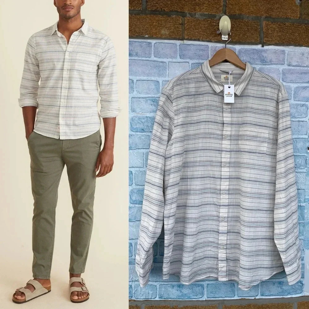 Marine layer Classic Fit Lightweight Cotton Shirt in Natural Pop Stripe 2X NWT